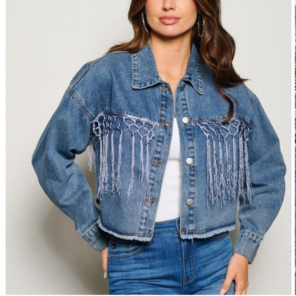 HOWDY Blue Jean Denim Jacket Sequins &‎ Fringe  Button Front Festival Country